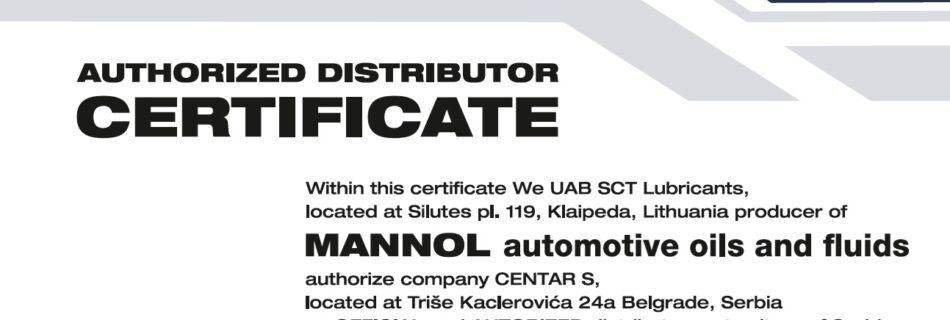 Mannol sertifikat autorizacije za Centar S kao zvaničnog distributera